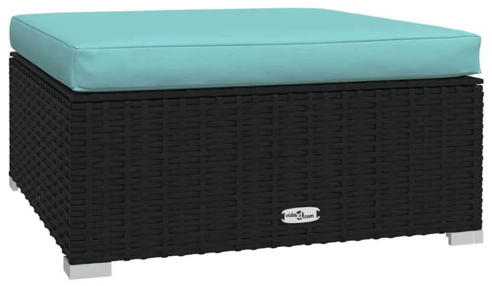 Fekete polyrattan kerti lábtartó párnával 70 x 70 x 30 cm