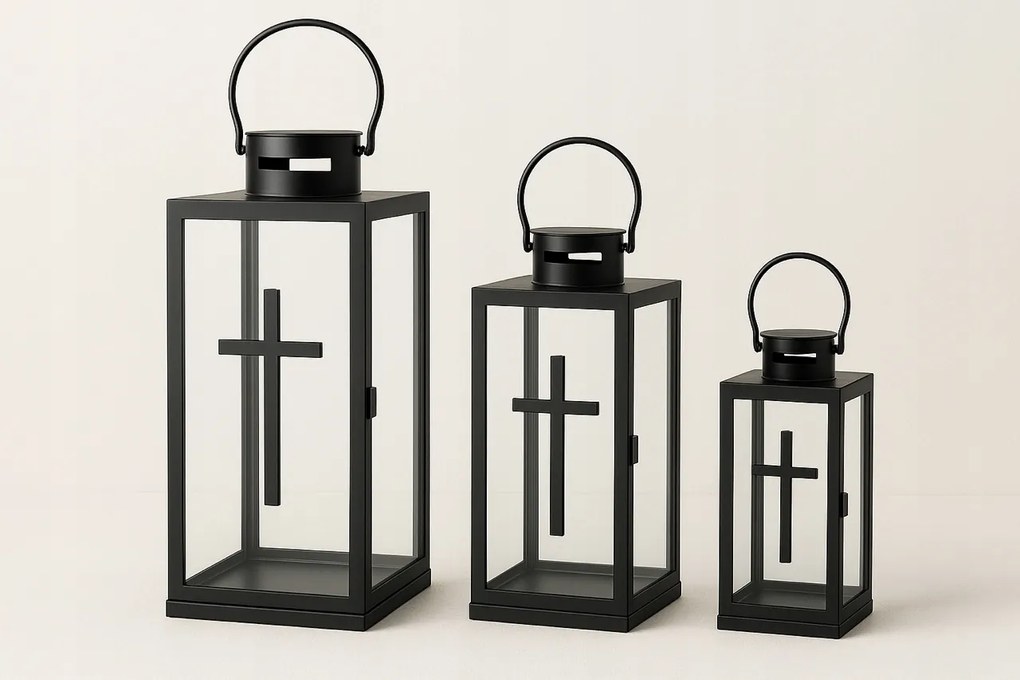 Lámpás lampion 36 49 63cm Fekete Mécses sírra temető acél kereszttel