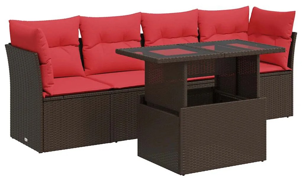 5 részes barna polyrattan akácfa kerti ülőgarnitúra párnával