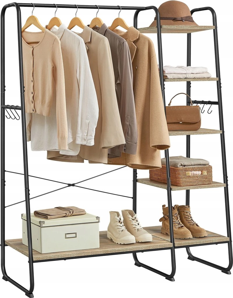 Funkcionális széles gardróbszekrény ruhaakasztó 5 polcos barna-fekete