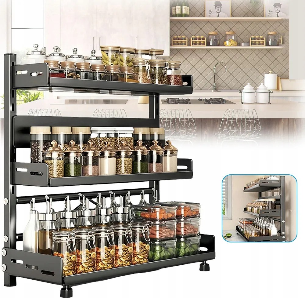 Álló fűszertartó állvány, 3 szintes polc a konyhapulthoz