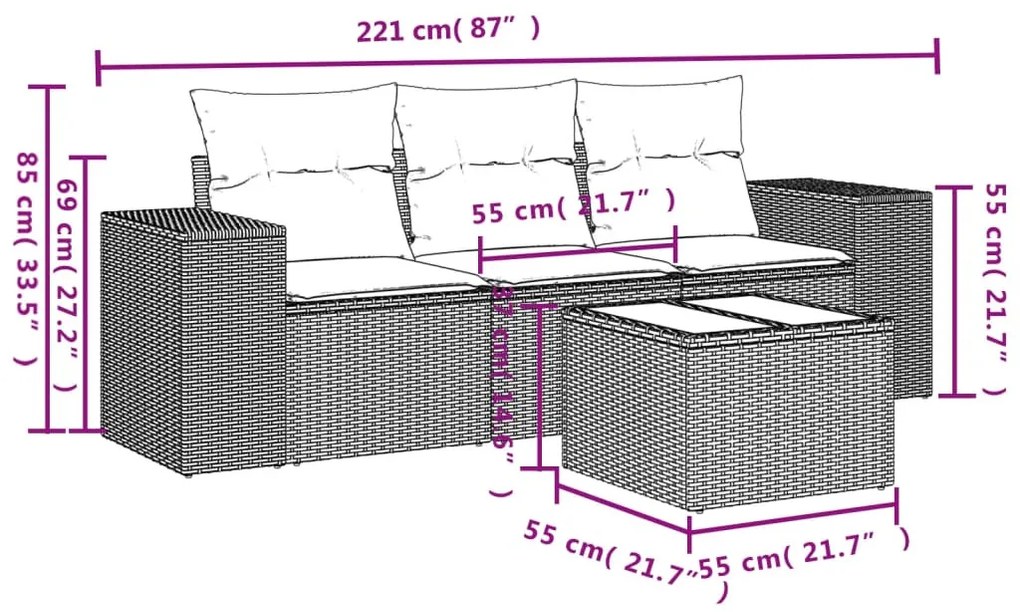 4 részes fekete polyrattan kerti ülőgarnitúra párnákkal