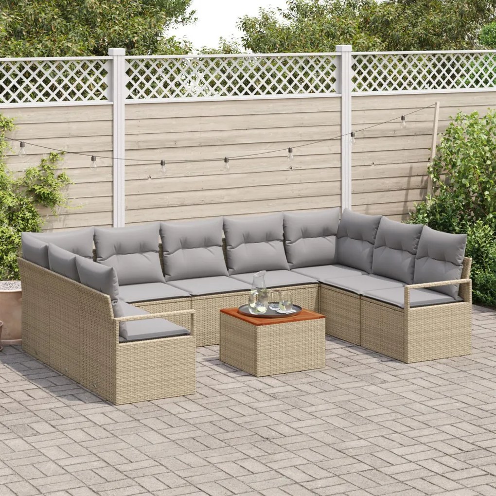 10 Darabos Kerti Sofa Szett Párnákkal Bézs Poli Rattan Akác, 2-Személyes Kerti Sofa Párnákkal Bézs Poli Rattan