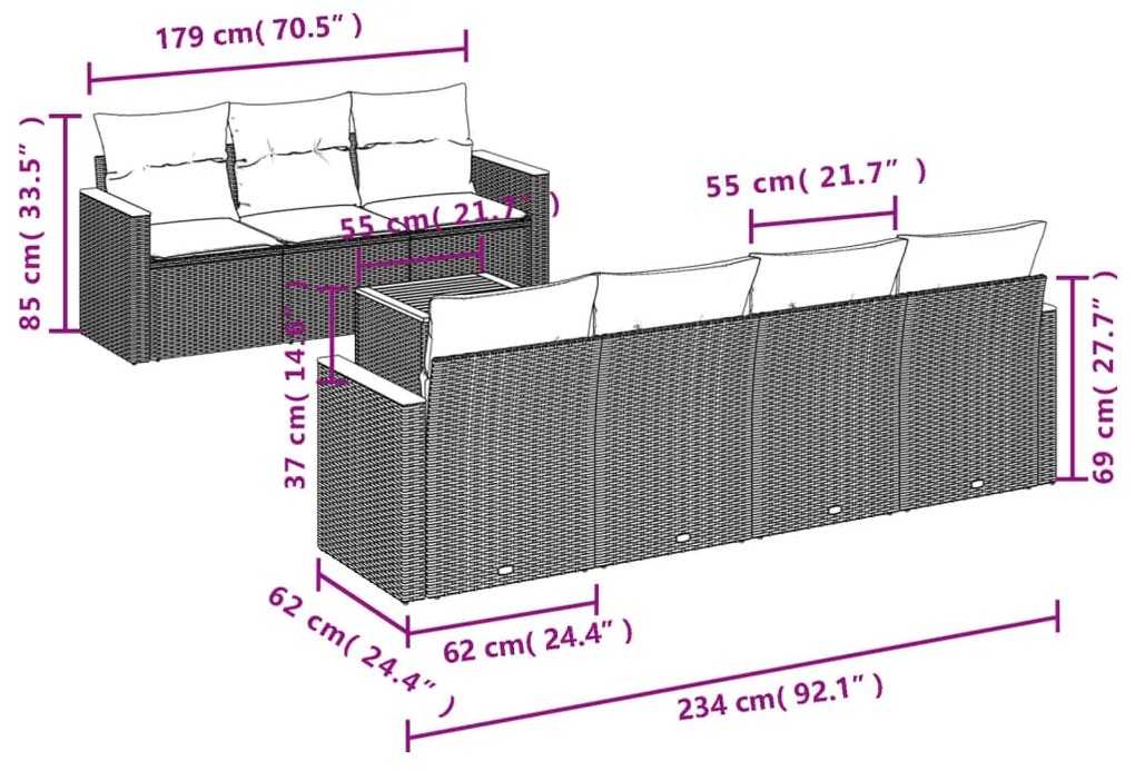 8 részes fekete polyrattan kerti ülőgarnitúra párnákkal