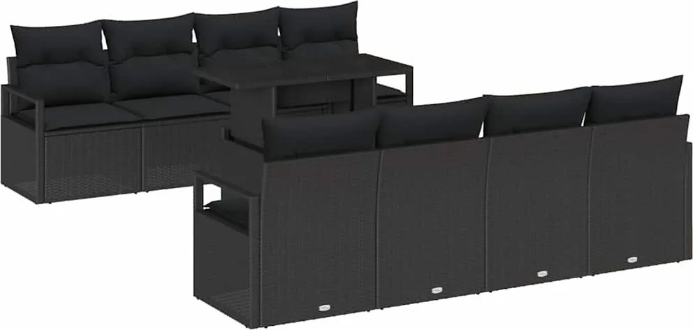 vidaXL Kerti Kanapé Szett tárolóval párnával 9 pcs Fekete polirattan