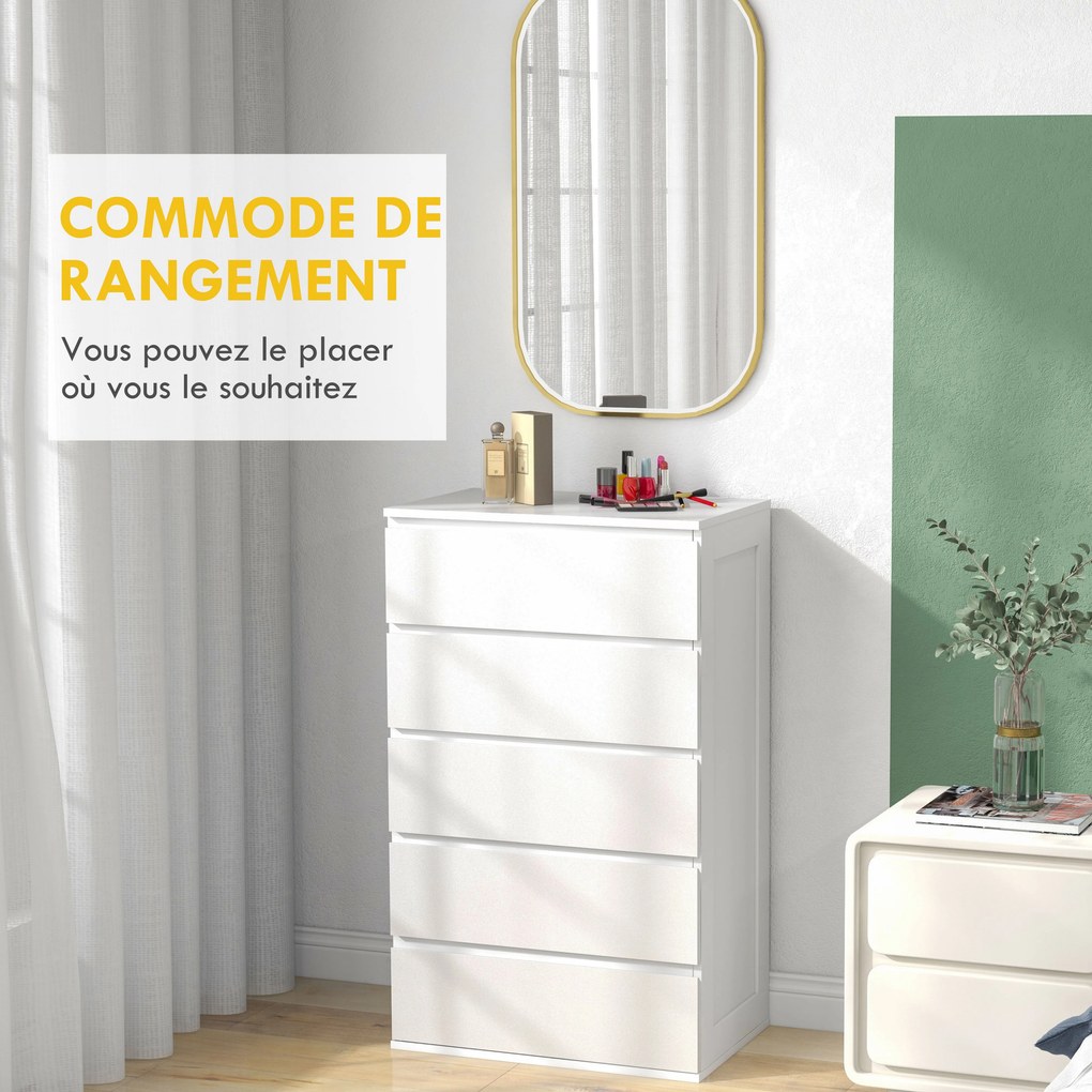 HOMCOM 5-Fiókos Éjjeliszekrény - Modern Stílus, Csendes Zár Mechanizmus - 60 x 38 x 100 cm, Fehér | Aosom