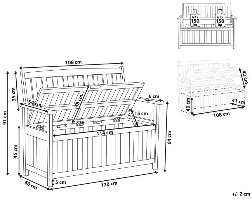 Akácfa kerti pad tárolóval 120 cm SOVANA Beliani