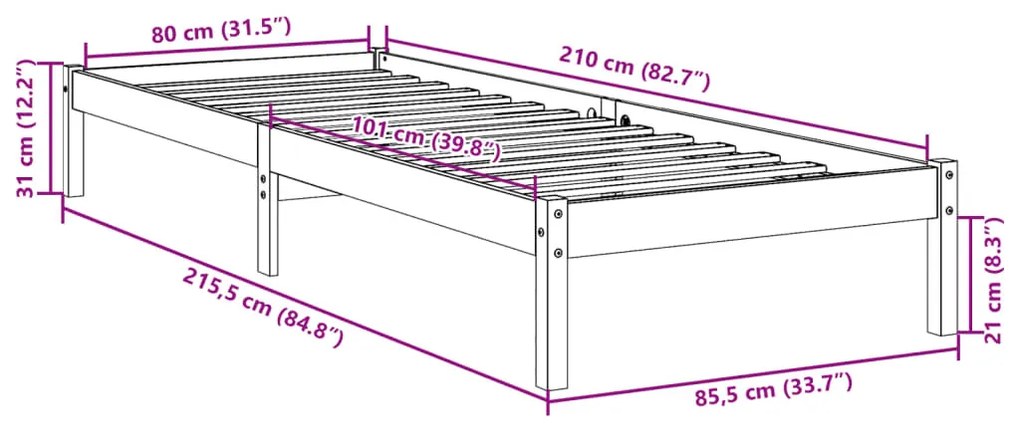 fehér tömör fenyő extra hosszú ágykeret matrac nélkül 80x210 cm