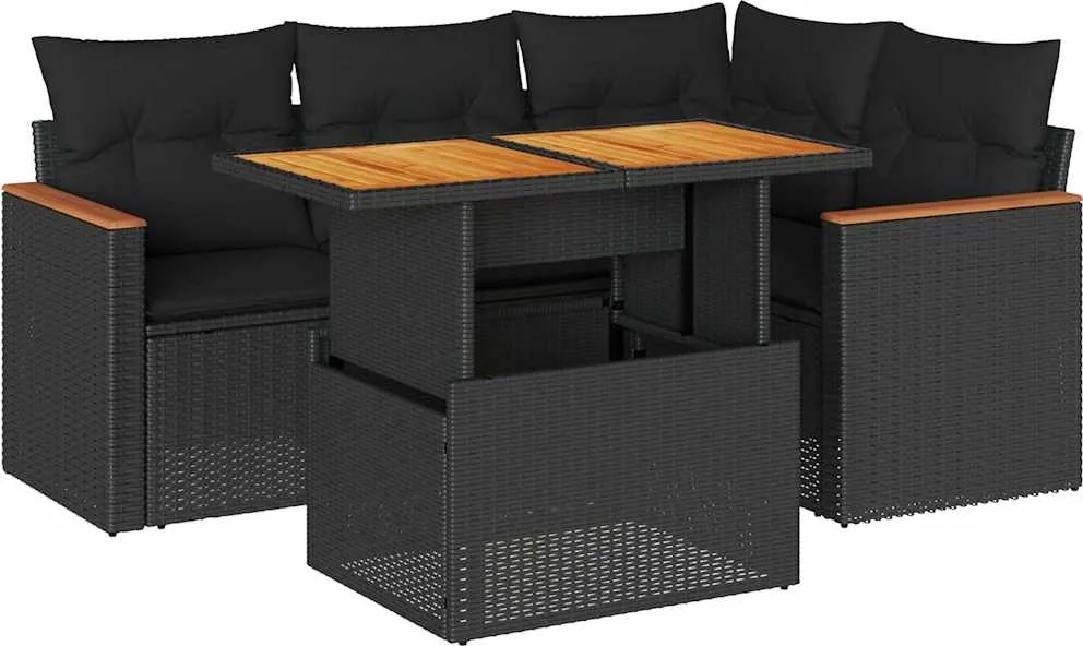 vidaXL 5 részes fekete polyrattan akácfa kerti kanapészett párnákkal