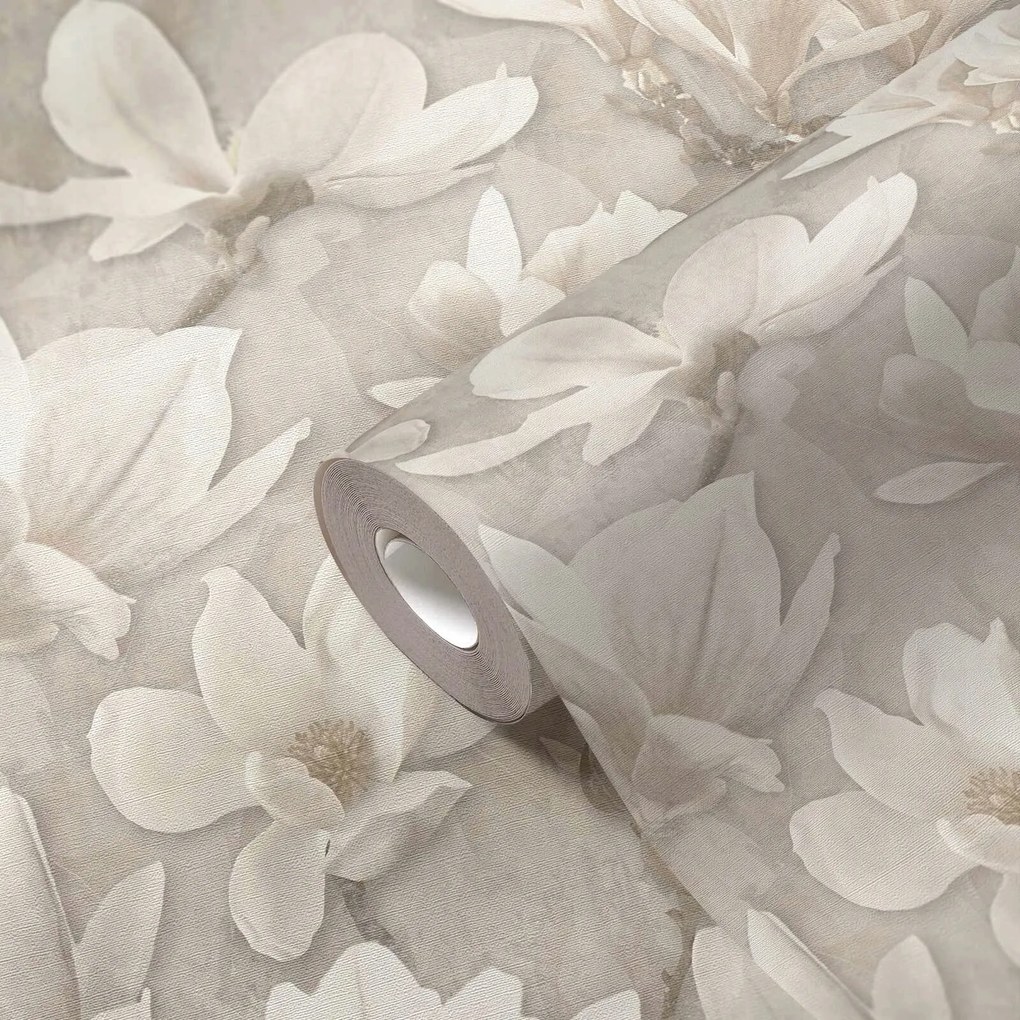 Vinyl tapéta flizelin virágok magnólia 3D hatás Bézs mosható 10 m