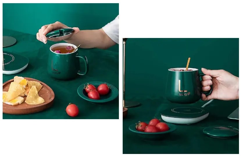 Kerámia bögre készlet elektromos melegítővel ajándékdobozban - Lucky - zöld