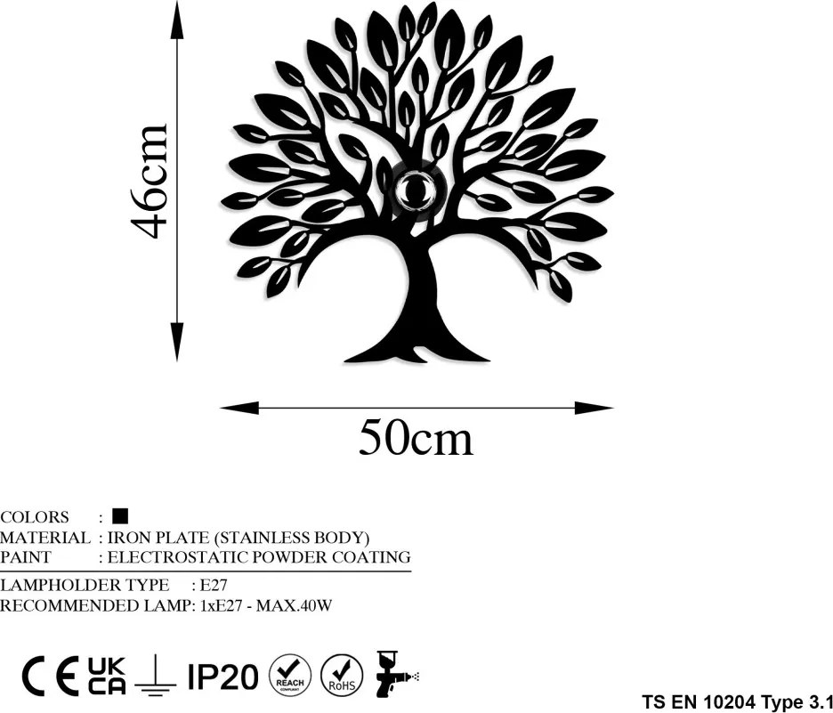 Heart Tree V2 fekete fém falilámpa