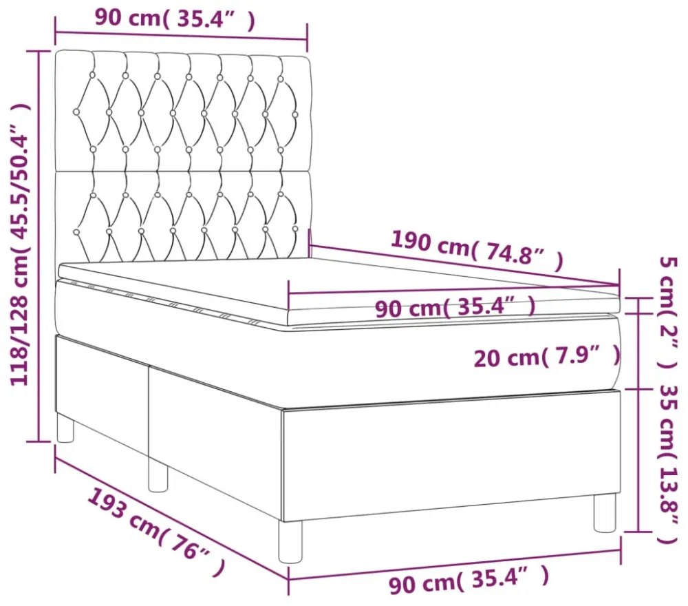krémszínű szövet rugós és LED-es ágy matraccal 90x190 cm