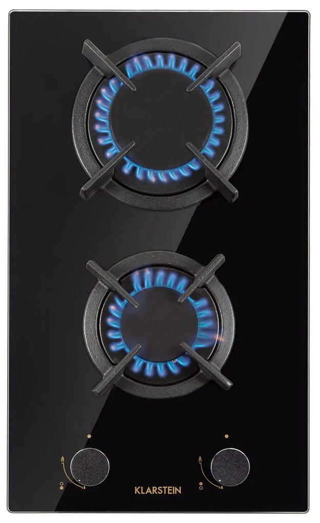 Klarstein Goldflame Domino, gázfőzőlap, 2 sárgaréz égőfej, üvegkerámia