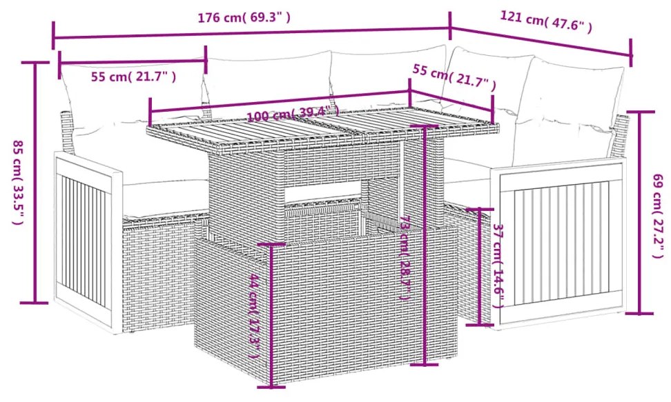 5 részes fekete polyrattan kerti kanapészett párnákkal