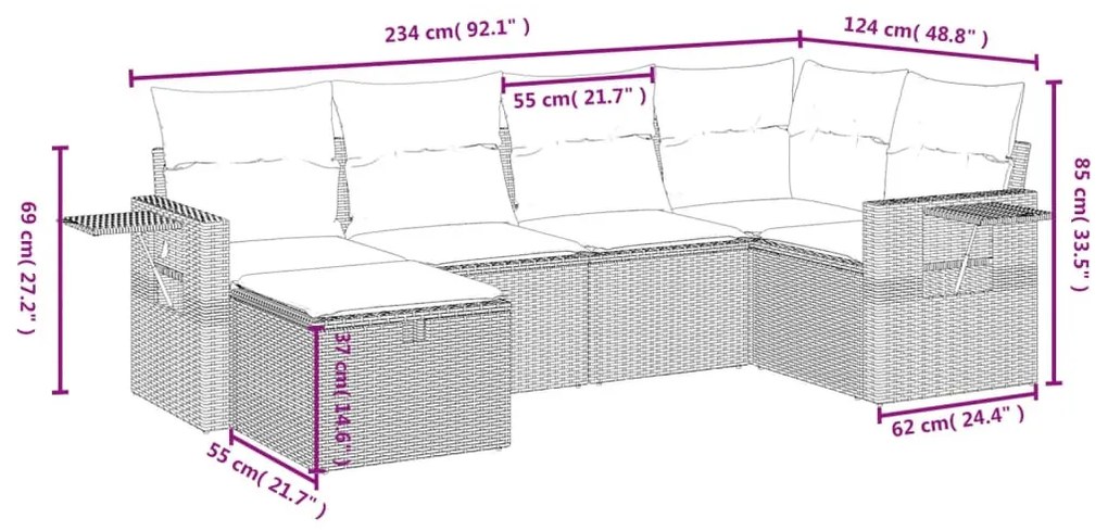 6 részes fekete polyrattan kerti ülőgarnitúra párnákkal