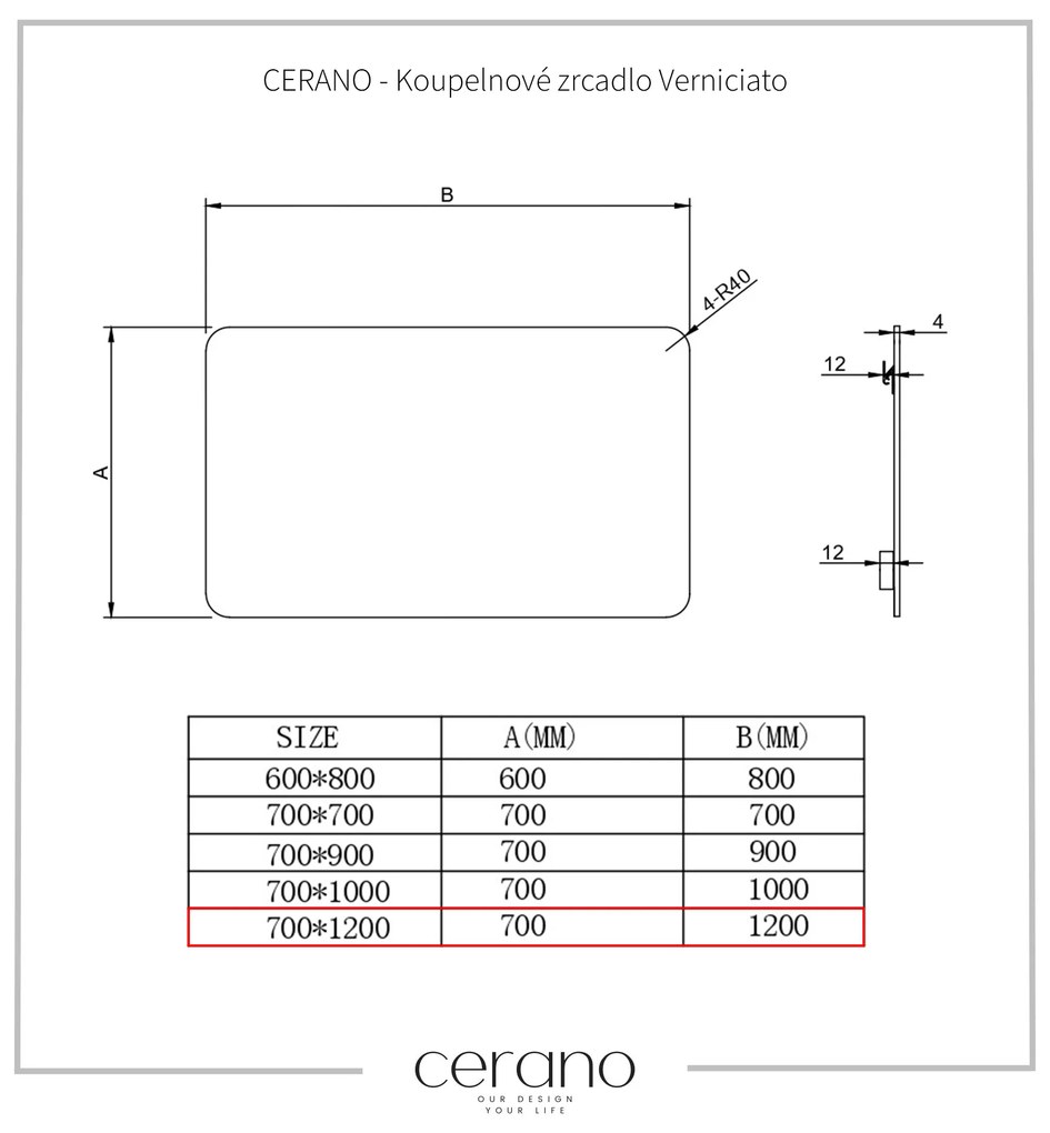 CERANO - Verniciato téglalap alakú fürdőszobai tükör - 120x70 cm