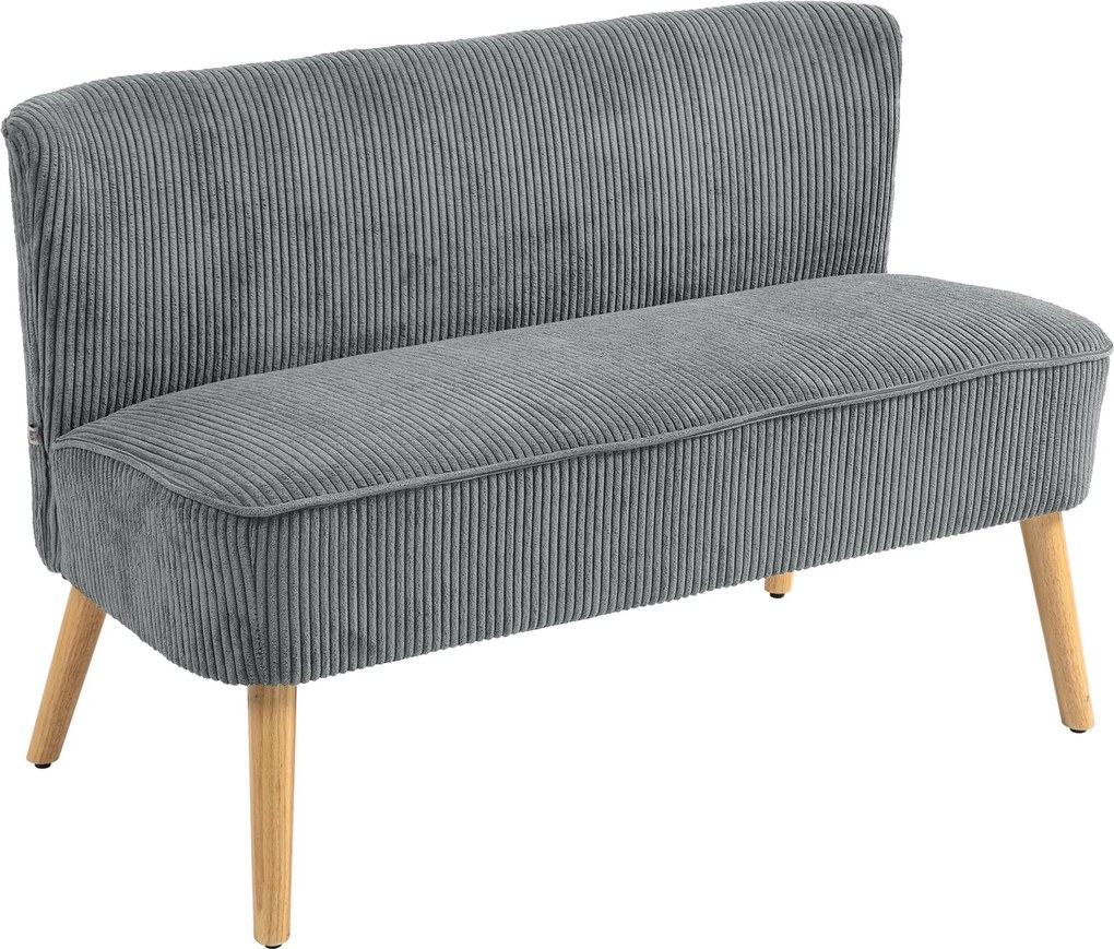 HOMCOM 2 személyes modern kanapé karfa nélkül kordbársonyos megjelenéssel, kicsi lounge kanapé fából készült lábakkal, 117 x 56,5 x 77 cm, szürke | Ao