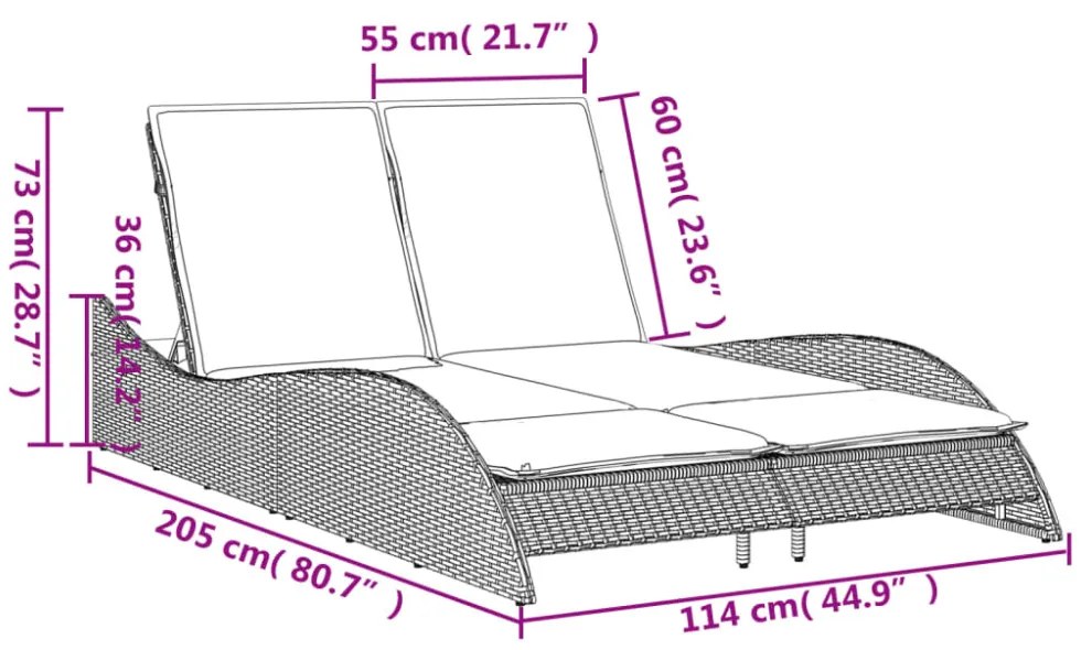 fekete polyrattan napozóágy párnákkal 114x205x73 cm