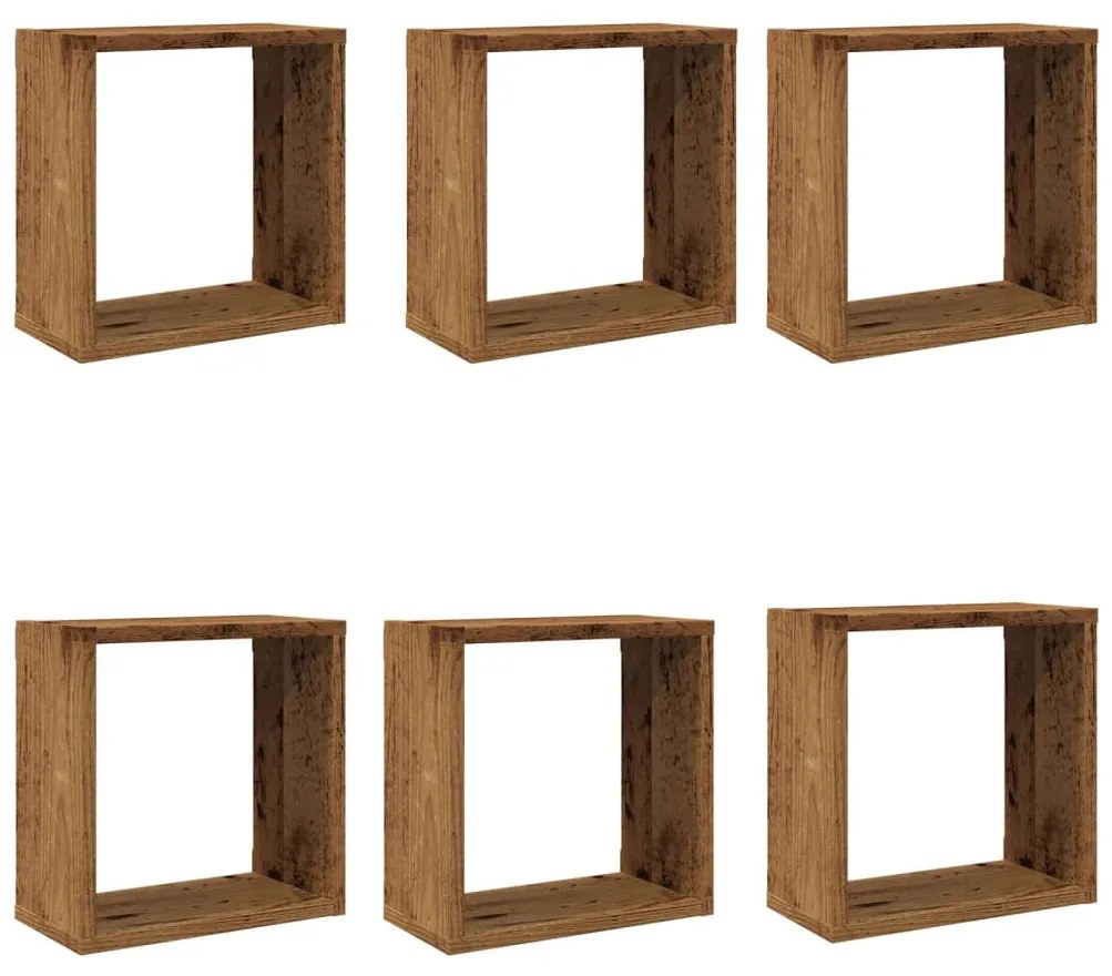 6 db antik fa színű szerelt fa fali kockapolc 30x15x30 cm