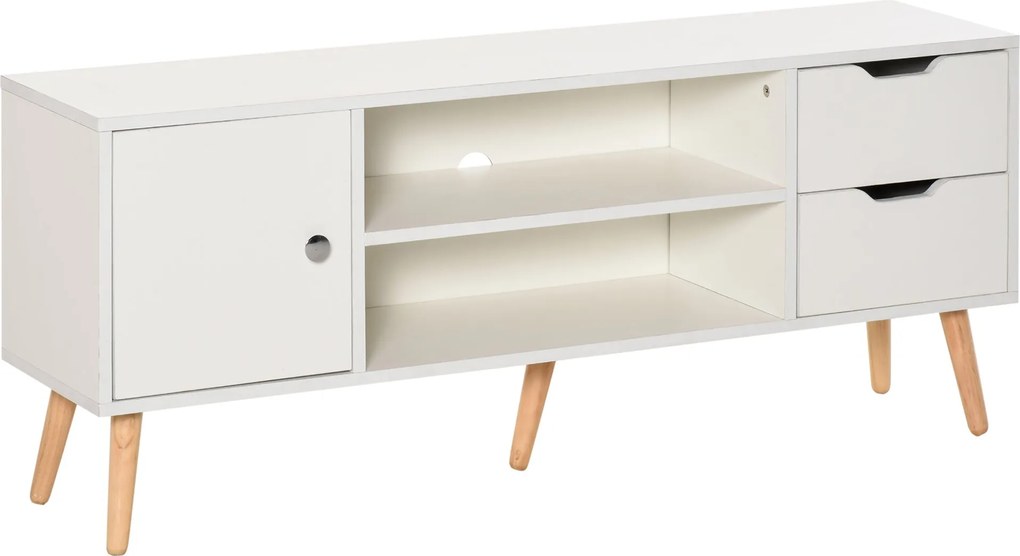 HOMCOM TV Állvány 50" TV-khez Modern Nappali Asztal 2 Nyitott Polccal és 2 Fiókkal 30 kg Terhelhetőséggel 120x28x44 cm Fehér | Aosom