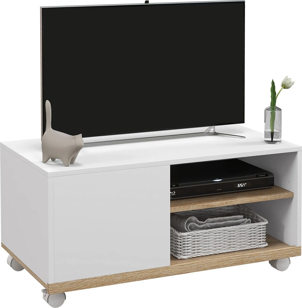 HOMCOM Modern TV Állvány Kerekekkel 42 Hüvelykes Televíziókhoz, 1 Ajtós és 2 Polcos Tárolóval, 80x45x39,5 cm Fehér | Aosom