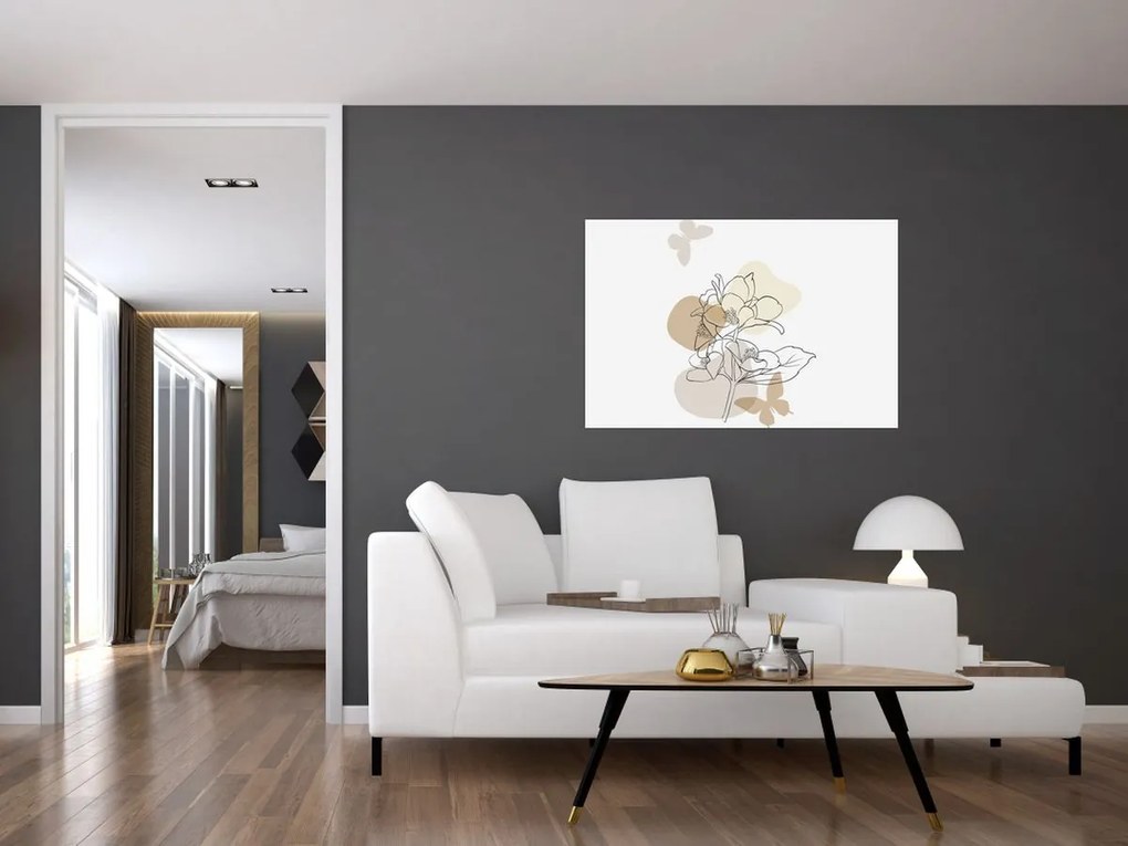 Kép - Bézs virágok pillangóval N⁰1 (90x60 cm)