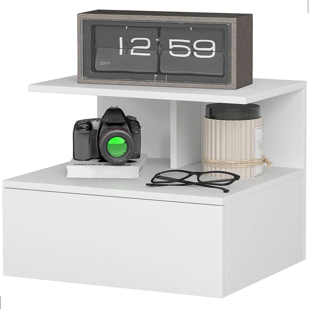 HOMCOM Lebegő Éjjeli Szekrény Fiókkal, Nyitott Rekesszel, Modern Éjjeliasztal Hálószobába és Nappaliba, Fehér, 39,8 x 35 x 31,6 cm | Aosom