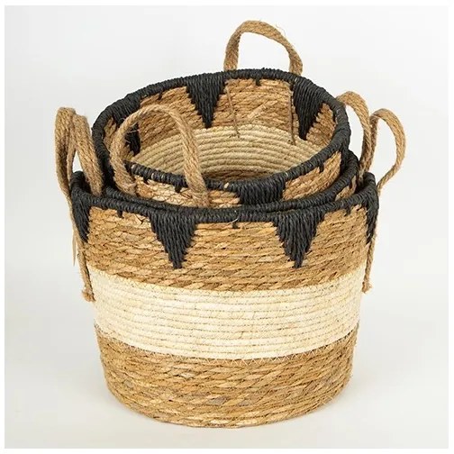 KÉSZLET 3x Szalmakosár bézs/fekete 27x20/30x22/36x28 cm