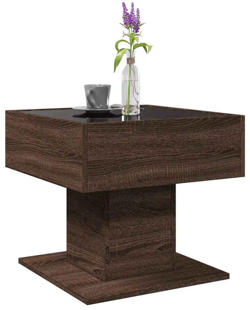 Barna tölgy szerelt fa dohányzóasztal LED-del 50 x 50 x 45 cm