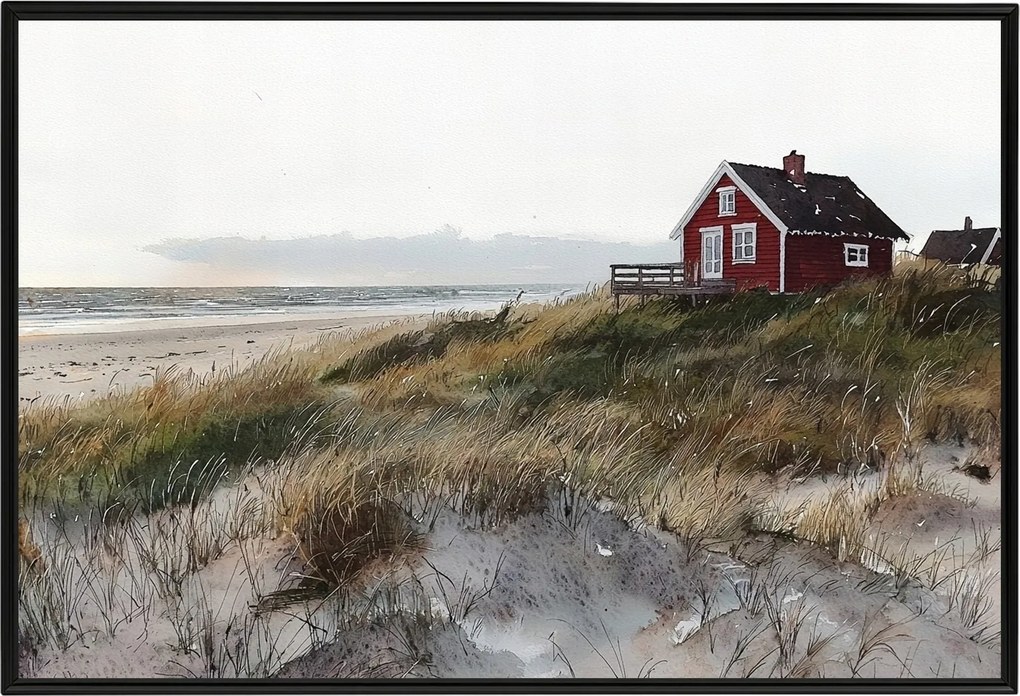 Poszter Alumínium Keret Piros Házikó Skandináv Tengerpart Dánia Fanø 60x40