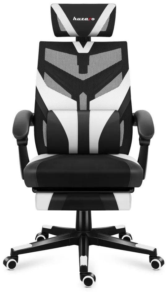 Gamer szék ergonomikus lábtartóval, fekvőtámasz , fekete-fehér.