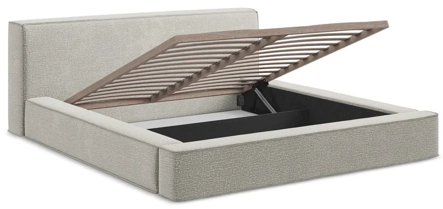 Világosszürke kárpitozott ágyneműtartós franciaágy ágyráccsal 160x200 cm Noho – Makamii