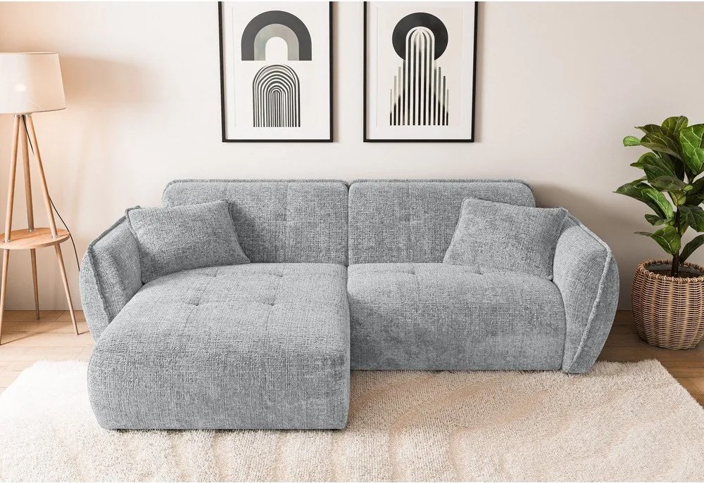 Világosszürke zsenília sarokkanapé (bal oldali-heverő résszel) Nelia – Ropez