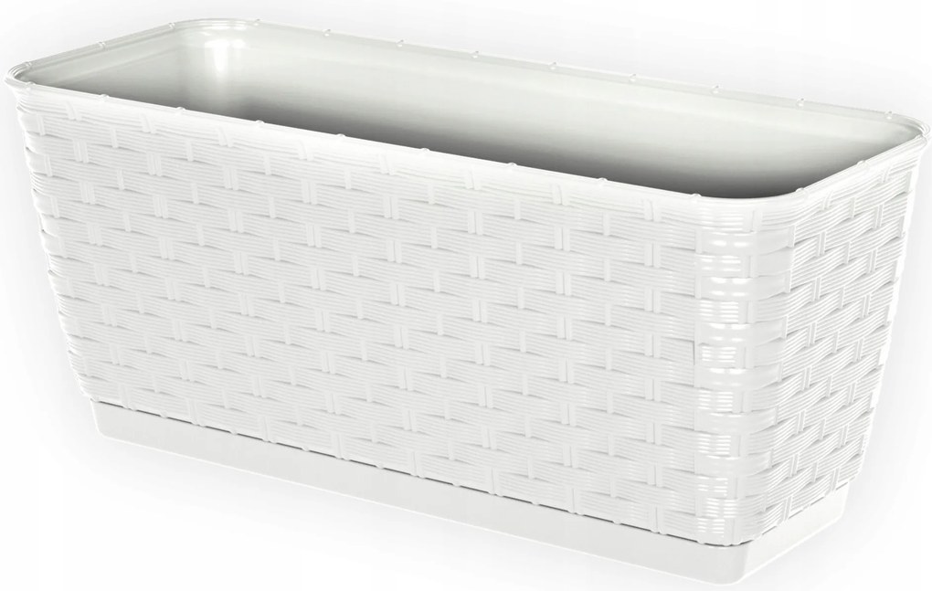 Virágtartó láda fehér rattan erkély terasz ablakpárkány 40cm állvánnyal