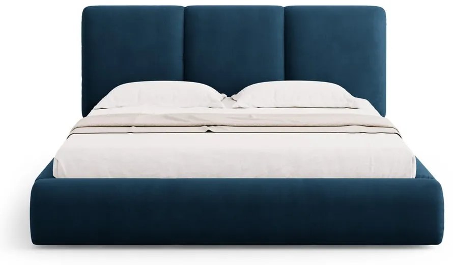 Sötétkék kárpitozott ágyneműtartós franciaágy ágyráccsal 140x200 cm Brody – Mazzini Beds