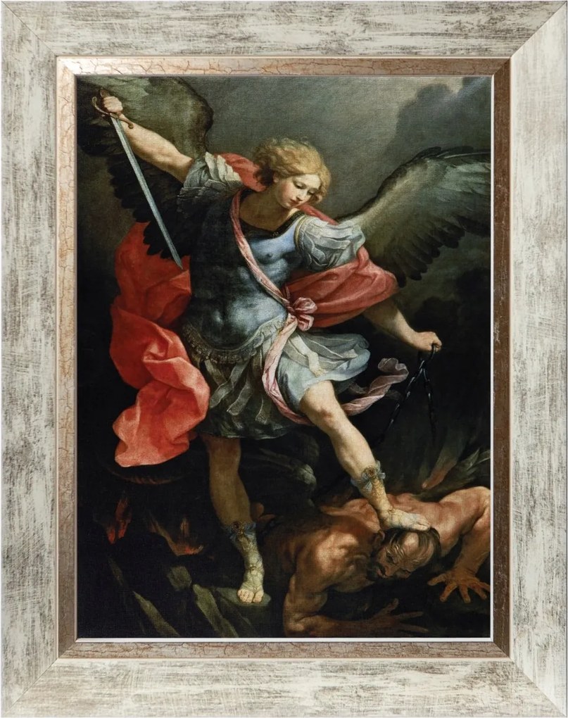 Mihály Arkangyal Szakrális Vászonkép Fehér Díszített Keretben 30X40