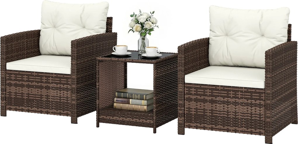 Outsunny 3 részes PE-rattan kerti szett — 2 párnázott fotel és üveglapos dohányzóasztal, barna/krém — erkély/terasz | Aosom