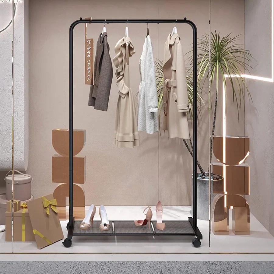 Fém ruhatartó kerekekkel, tárolópolccal, felső sín 40 kg-ig, fekete