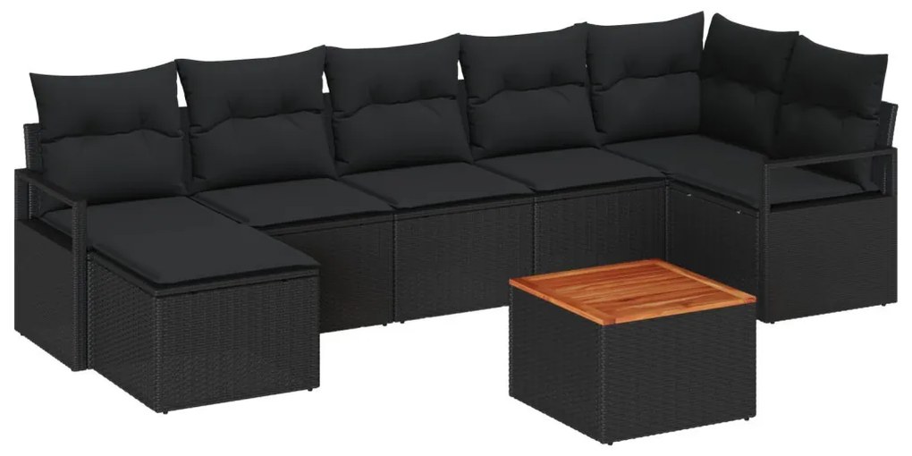 8 részes kerti kanapészett párnákkal Fekete Poli Rattan Akác, 2 fős kerti kanapé párnákkal Fekete Poli Rattan