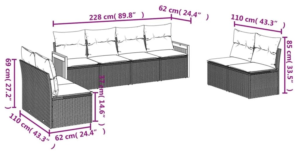 8 részes fekete polyrattan kerti ülőgarnitúra párnákkal