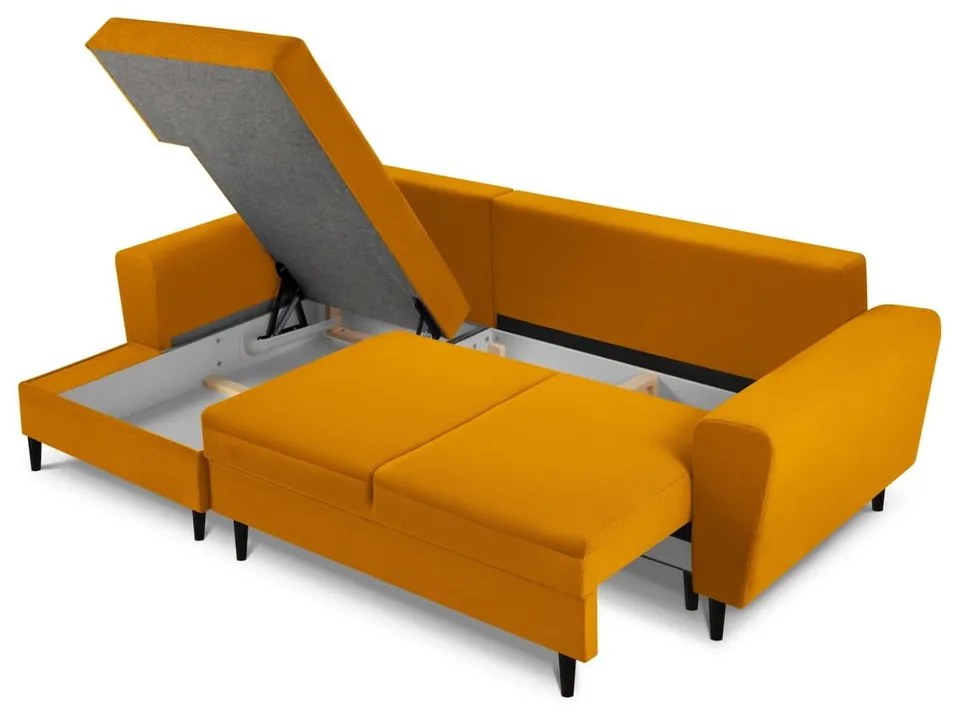 Mustársárga kordbársony kinyitható tárolóhelyes sarokkanapé (bal oldali-heverő résszel) Kyoto – Cosmopolitan Design