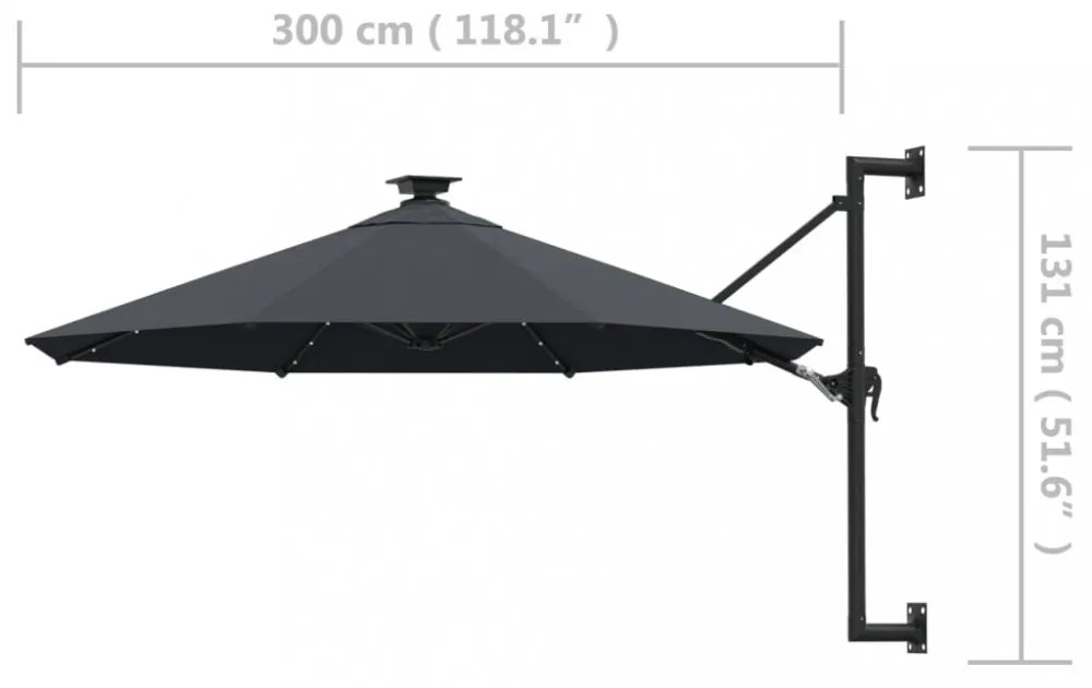 antracitszürke fali napernyő LED-ekkel és fémrúddal 300 cm
