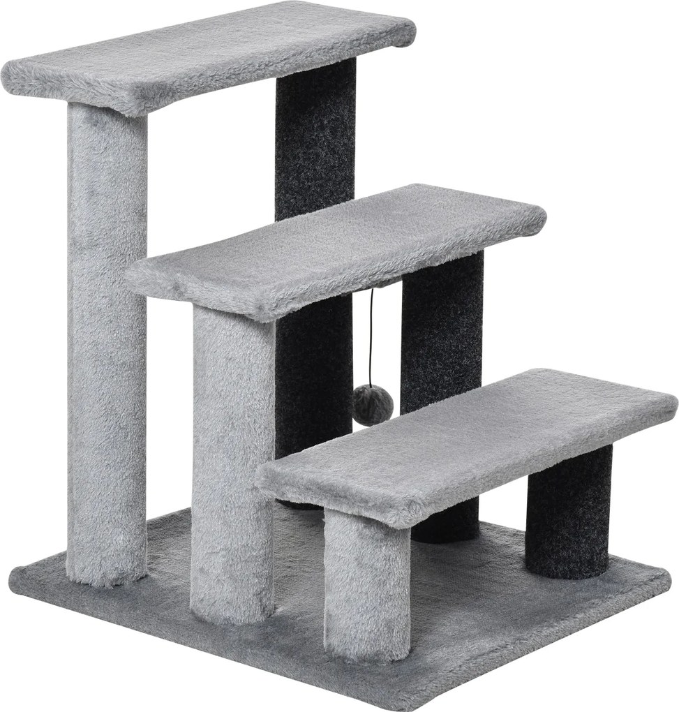 PawHut Háziállat Lépcső 3-Lépcsős Cica Lépcső Kaparóposzttal és Játéklabdával 5 kg-ig Fekvő Szürke Plüss Juta 45 x 40 x 48 cm | Aosom