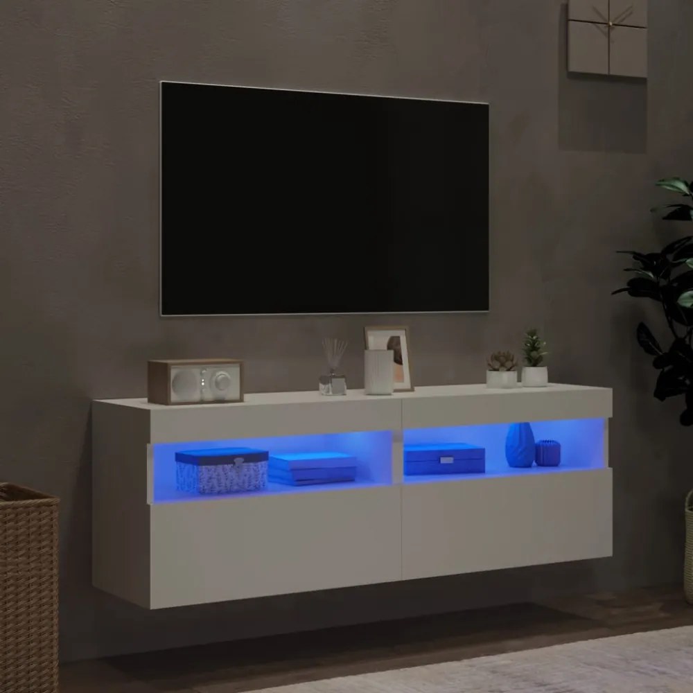 2 db fehér falra szerelhető TV-szekrény LED-ekkel 60x30x40 cm