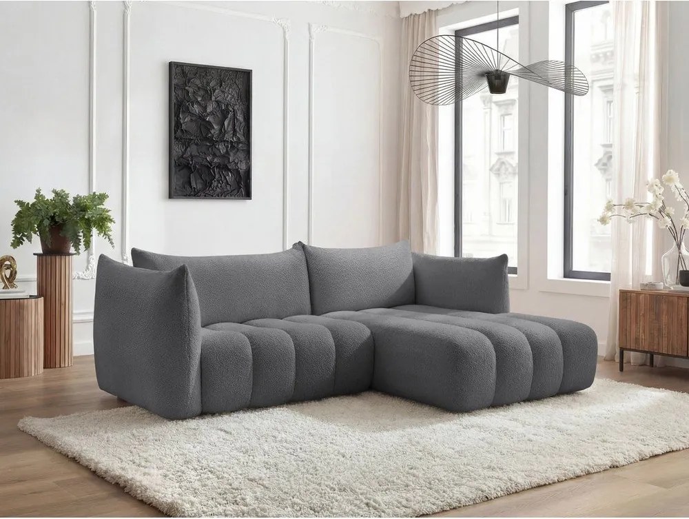 Szürke buklé sarokkanapé (jobb oldali-heverő résszel) Azra – Bobochic Paris