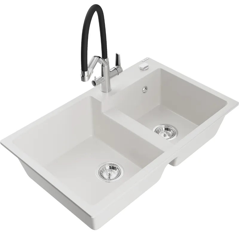 Mexen Tomas 2-medencés gránit mosogató és Duo konyhai csaptelep, fehér - 6516-20-671701-07