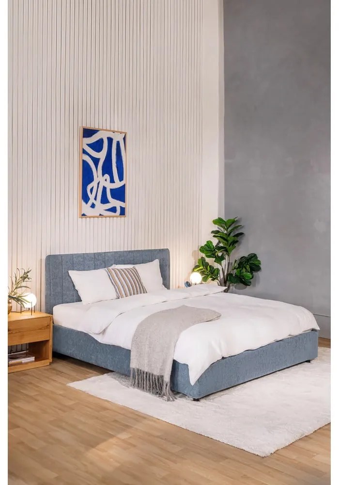 Kék kárpitozott ágyneműtartós franciaágy ágyráccsal 180x200 cm Myra Slim Line – Bonami Selection