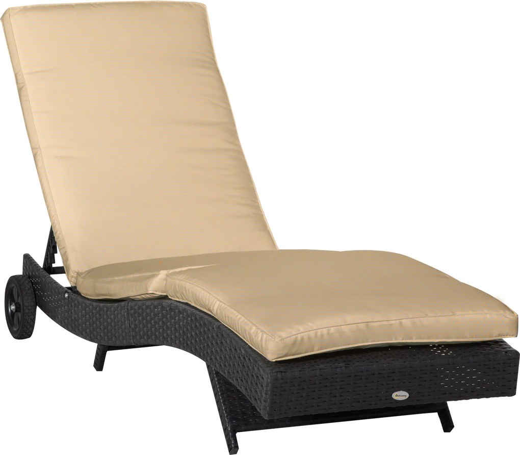 Outsunny S alakú dőlt rattan kertiszék 2 kerekével, 5 pozícióban állítható támlával és levehető párnával teraszra 207x70x70 cm Fekete és Bézs | Aosom