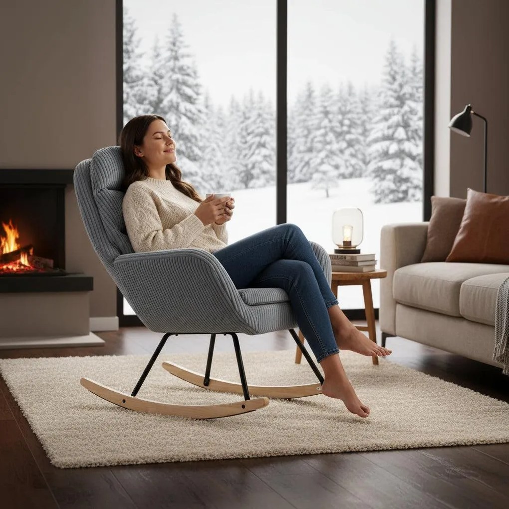 Hintaszék, relaxációs szék kordbársony kárpitozással, szürke